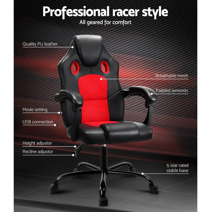 Gaming Race Style Massaging Office Chair PU Leather - Red