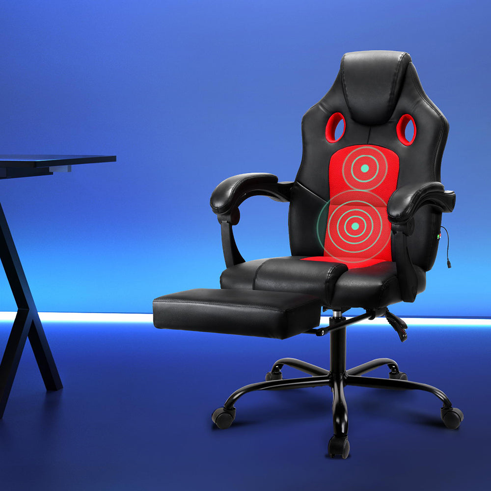 Gaming Race Style Massaging Office Chair PU Leather - Red - Homecoze