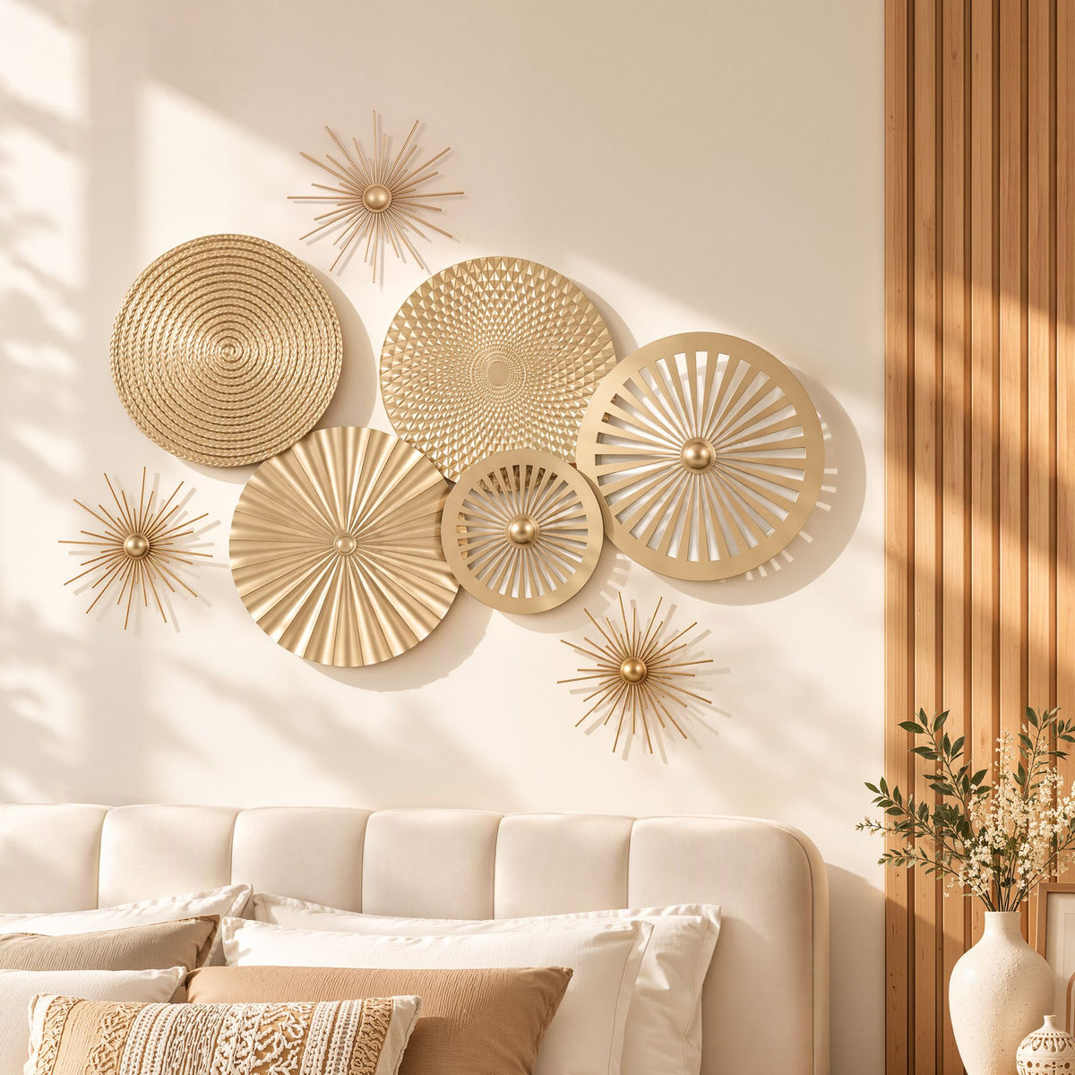 Artiss 8 Pieces Gold Metal Wall Decor Set 3D Starburst Round Disc Sculptures Flexible DIY Layout - Homecoze