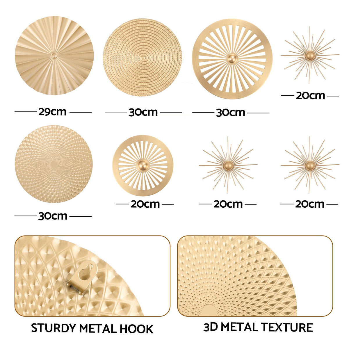 Artiss 8 Pieces Gold Metal Wall Decor Set 3D Starburst Round Disc Sculptures Flexible DIY Layout - Homecoze
