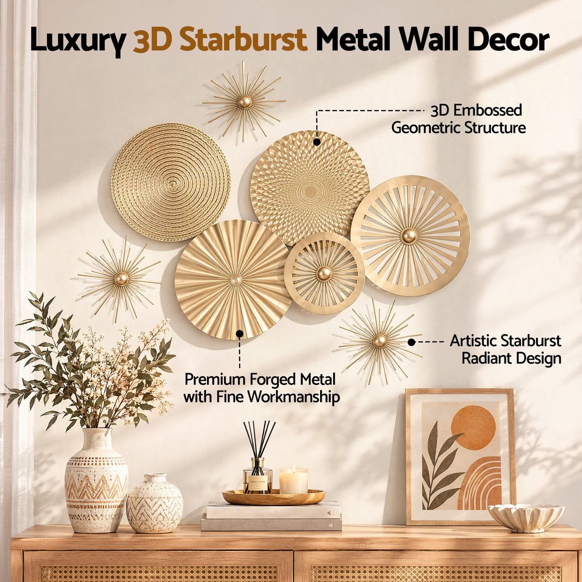 Artiss 8 Pieces Gold Metal Wall Decor Set 3D Starburst Round Disc Sculptures Flexible DIY Layout - Homecoze