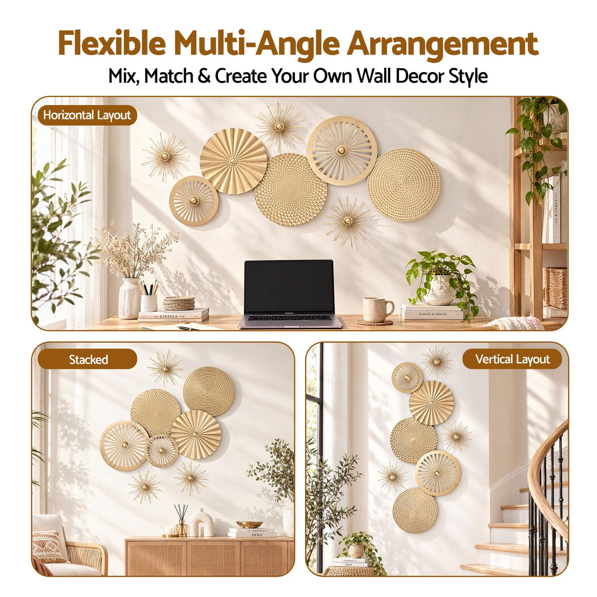 Artiss 8 Pieces Gold Metal Wall Decor Set 3D Starburst Round Disc Sculptures Flexible DIY Layout - Homecoze