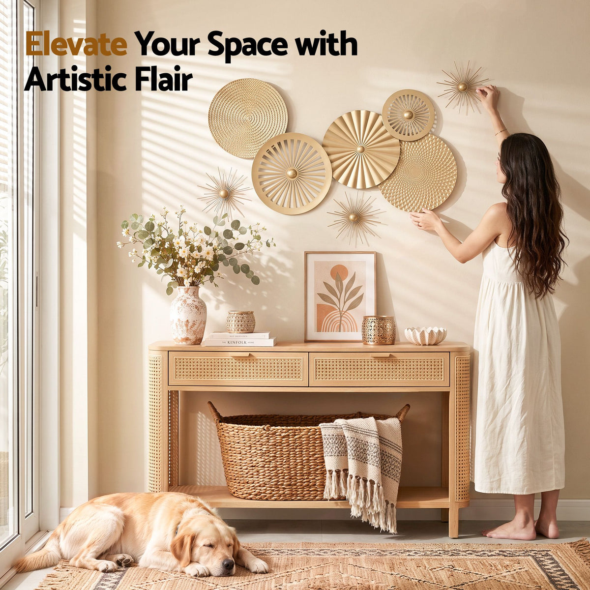 Artiss 8 Pieces Gold Metal Wall Decor Set 3D Starburst Round Disc Sculptures Flexible DIY Layout - Homecoze