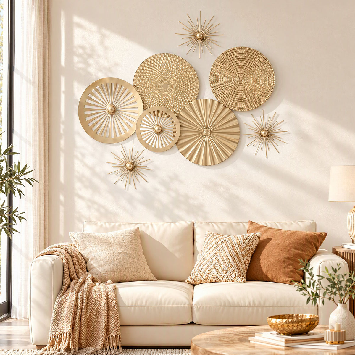 Artiss 8 Pieces Gold Metal Wall Decor Set 3D Starburst Round Disc Sculptures Flexible DIY Layout - Homecoze