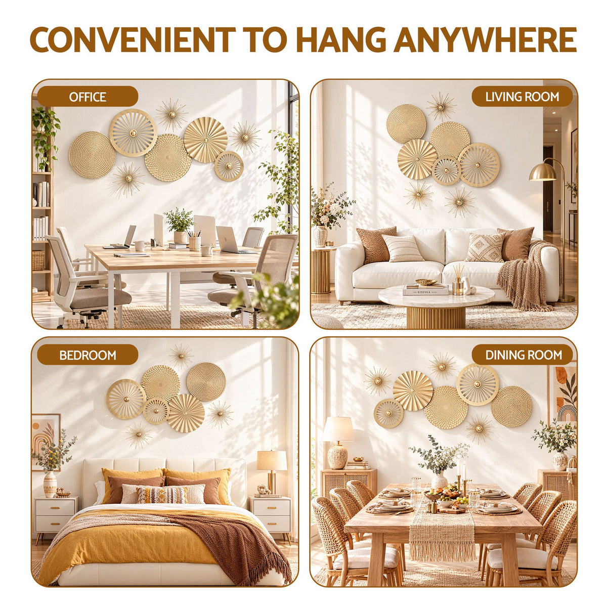 Artiss 8 Pieces Gold Metal Wall Decor Set 3D Starburst Round Disc Sculptures Flexible DIY Layout - Homecoze