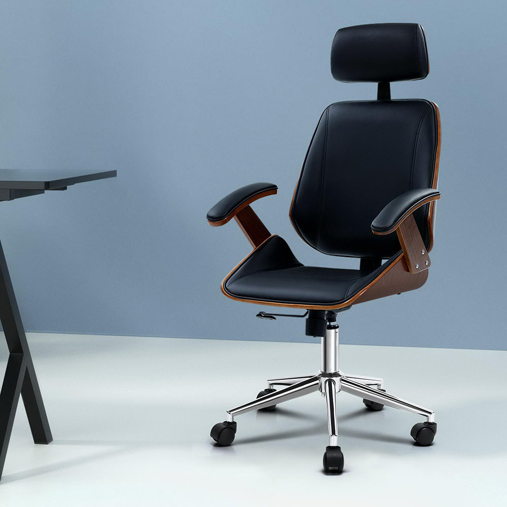 Executive Wooden Office Chair PU Leather - Black - Homecoze