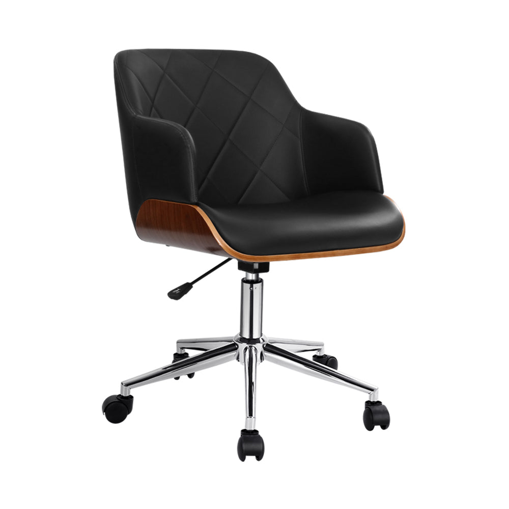 Office Chair Low Back Wood & PU Leather - Black - Homecoze