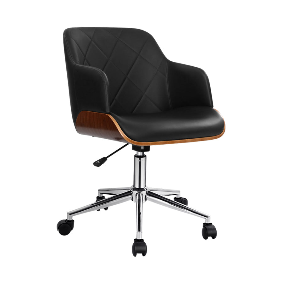 Office Chair Low Back Wood & PU Leather - Black Homecoze