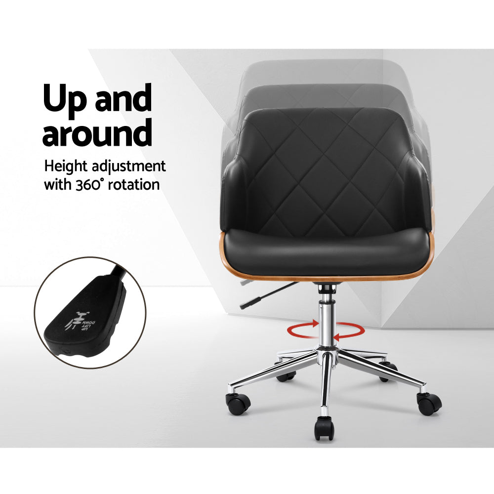 Office Chair Low Back Wood & PU Leather - Black Homecoze