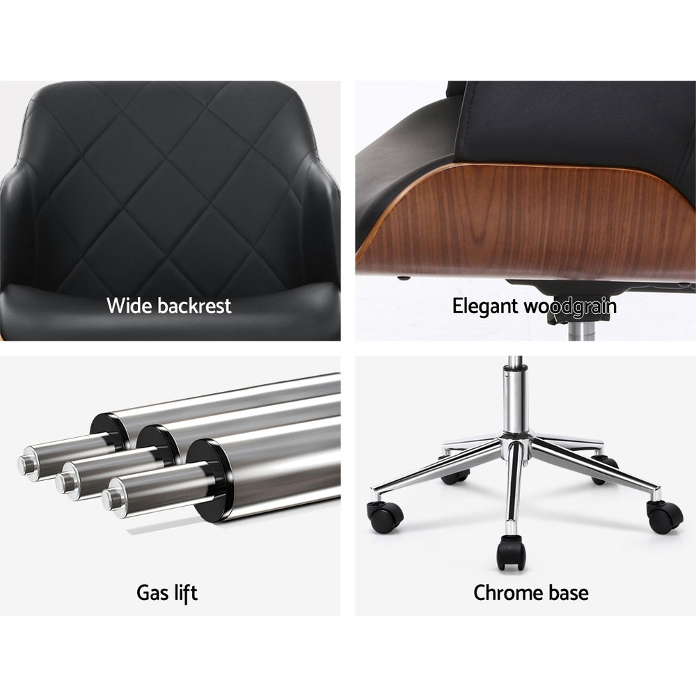 Office Chair Low Back Wood & PU Leather - Black - Homecoze