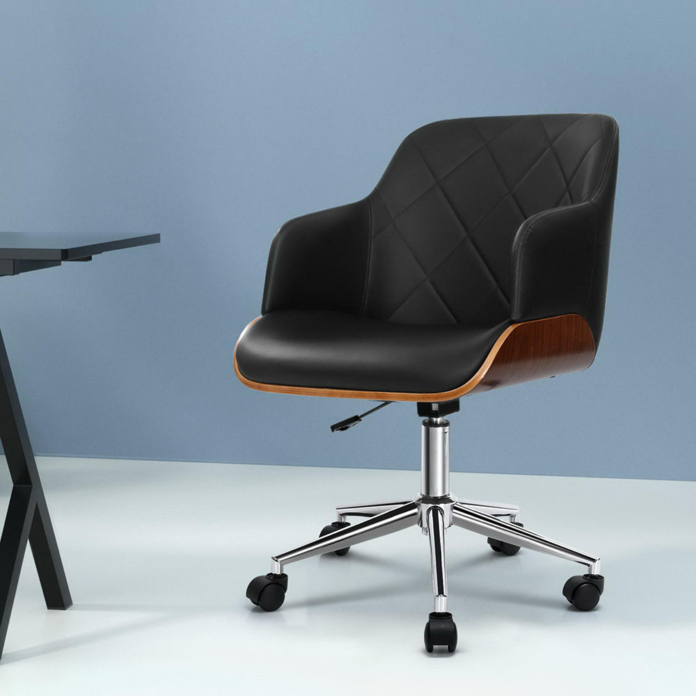 Office Chair Low Back Wood & PU Leather - Black Homecoze