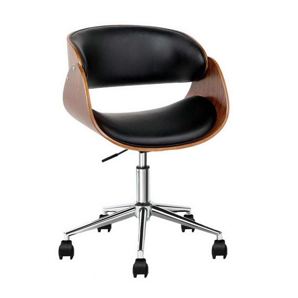Retro Wooden Office Chair PU Leather Seat - Black - Homecoze