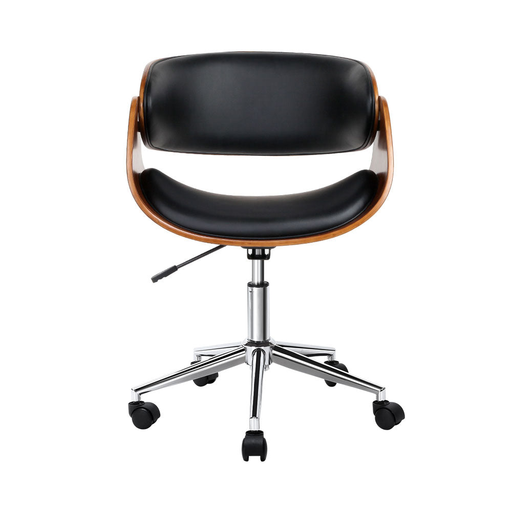 Retro Wooden Office Chair PU Leather Seat - Black - Homecoze