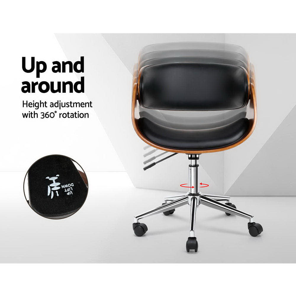 Retro Wooden Office Chair PU Leather Seat - Black - Homecoze