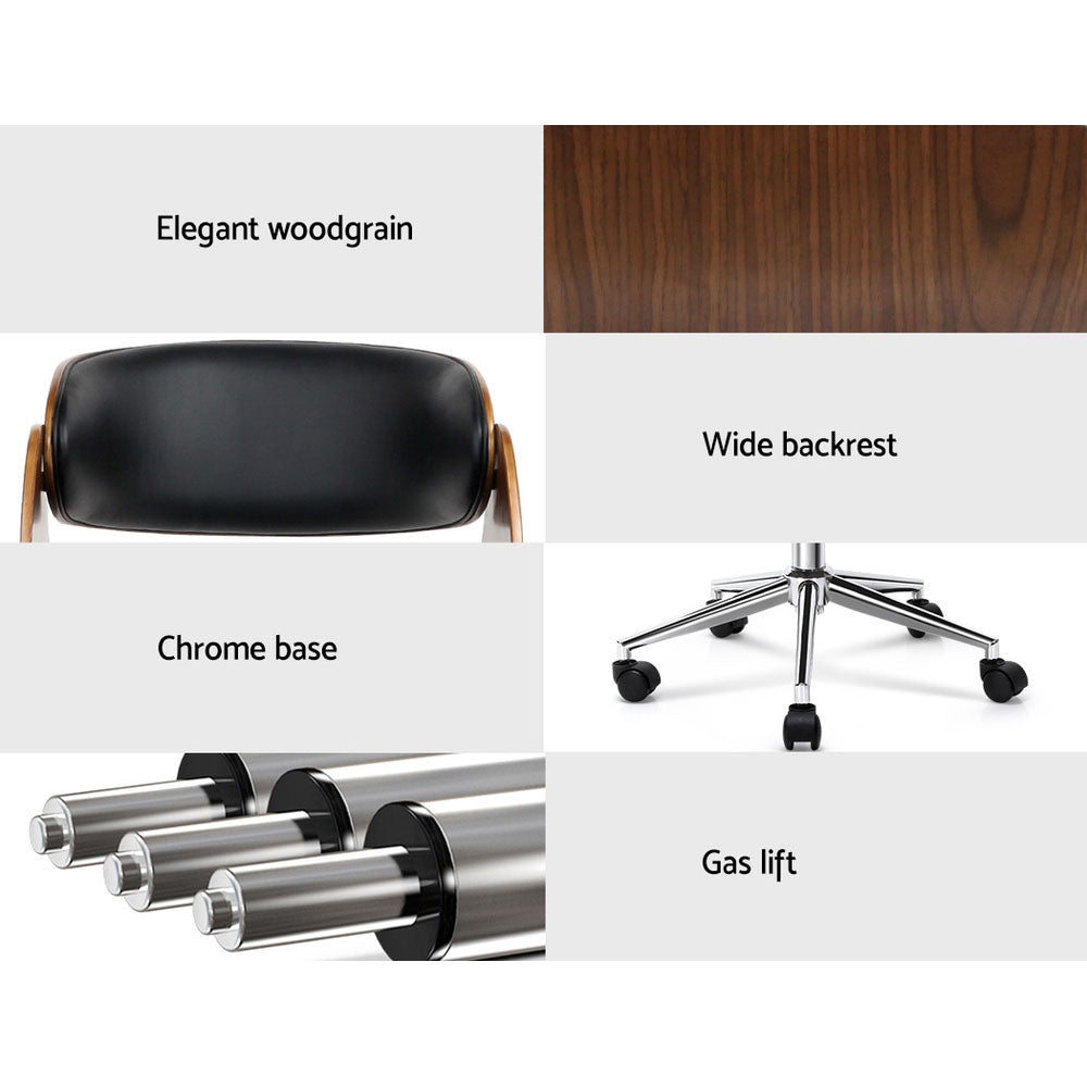 Retro Wooden Office Chair PU Leather Seat - Black - Homecoze