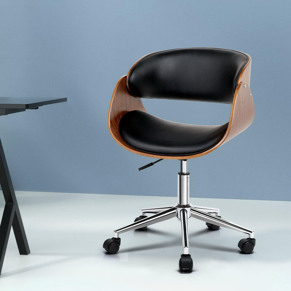 Retro Wooden Office Chair PU Leather Seat - Black Homecoze