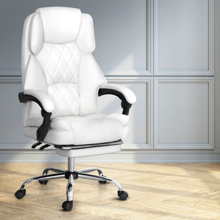 Executive PU Leather Office Chair Recliner & Footrest - White - Homecoze