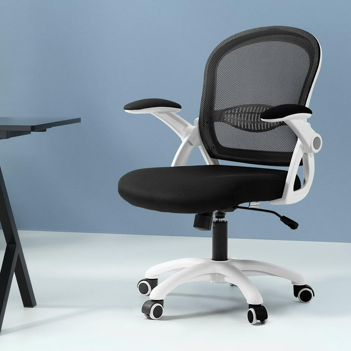 Mesh Office Chair Mid Back with Flip-up Armrests - Black & White