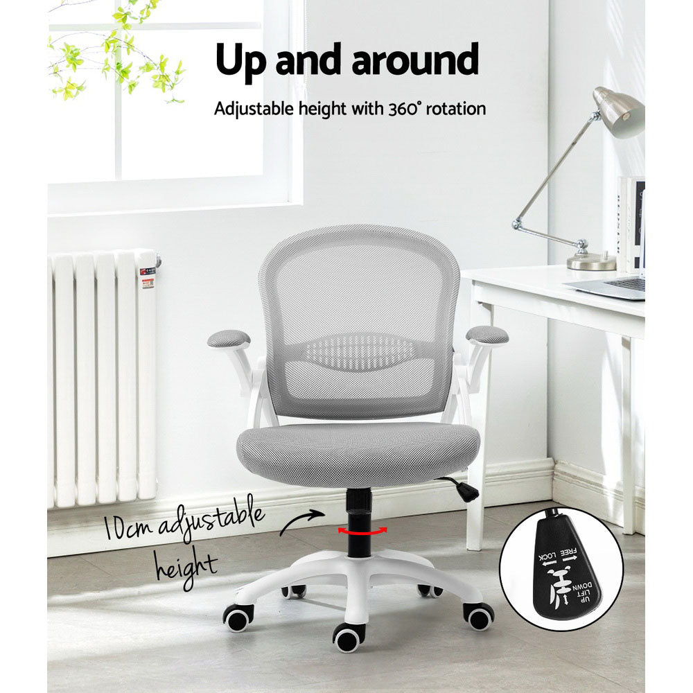 Mesh Office Chair Mid Back with Flip-up Armrests - Grey & White