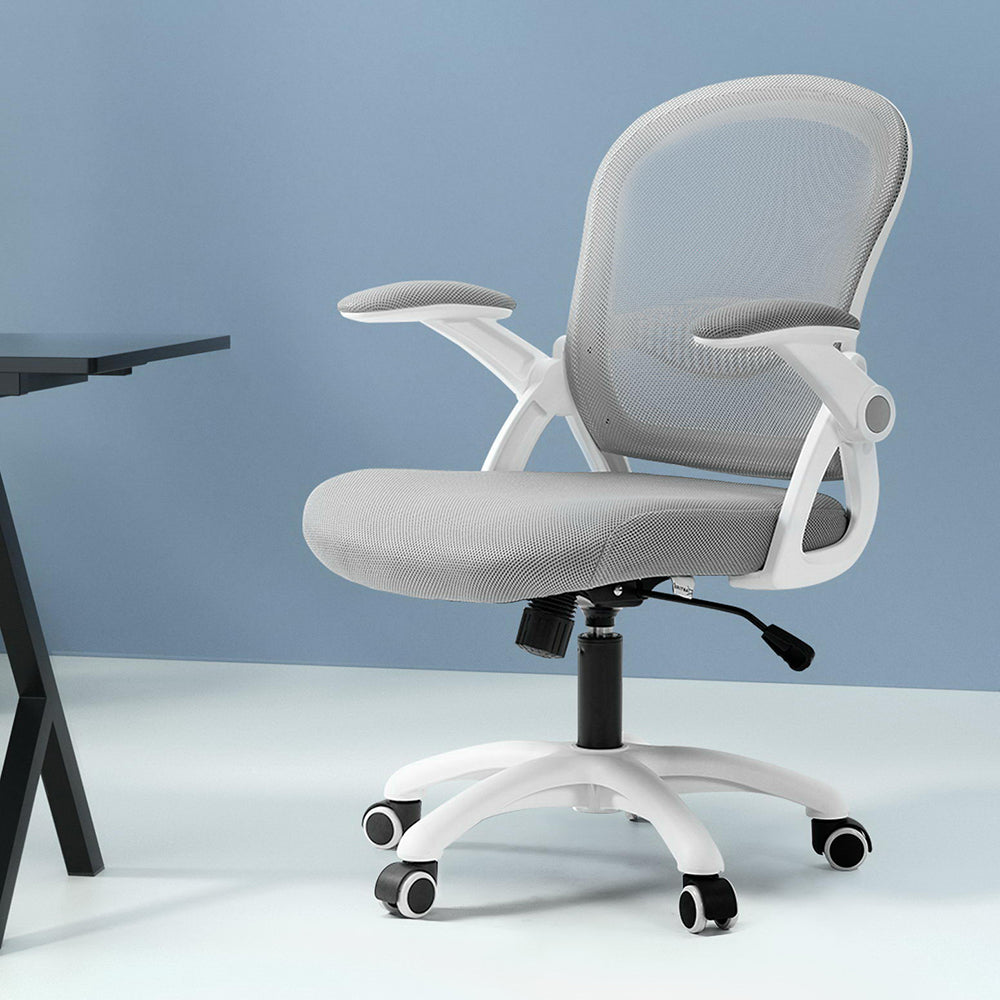 Mesh Office Chair Mid Back with Flip-up Armrests - Grey & White