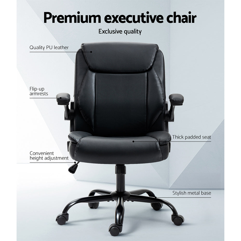 PU Leather Office Chair Mid Back - Black - Homecoze