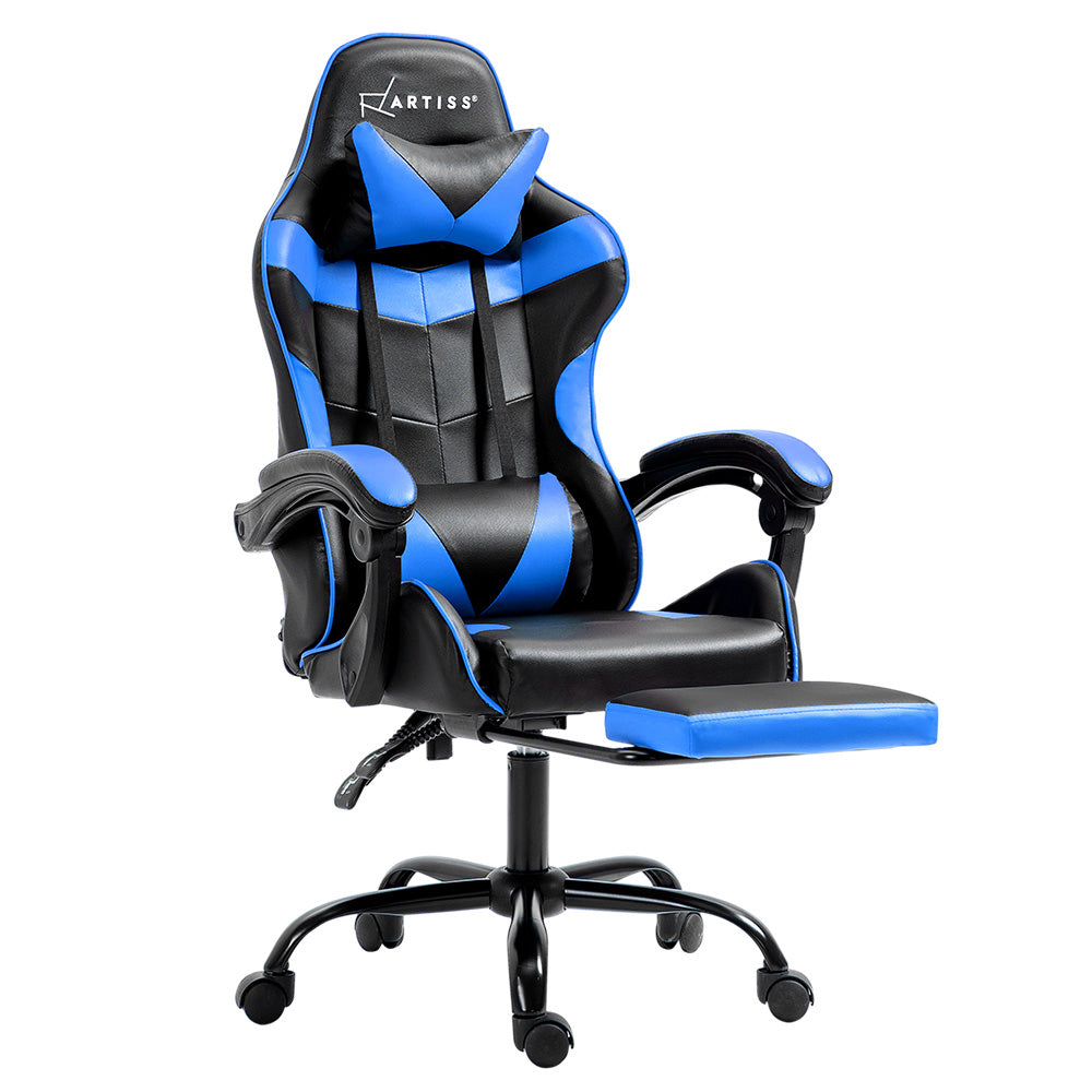 PU Leather Gaming Office Chair with Footrest - Blue