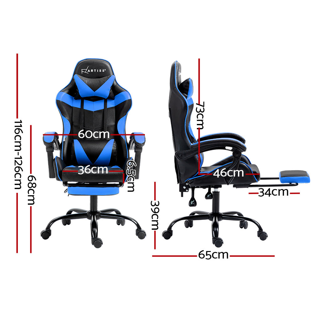 PU Leather Gaming Office Chair with Footrest - Blue