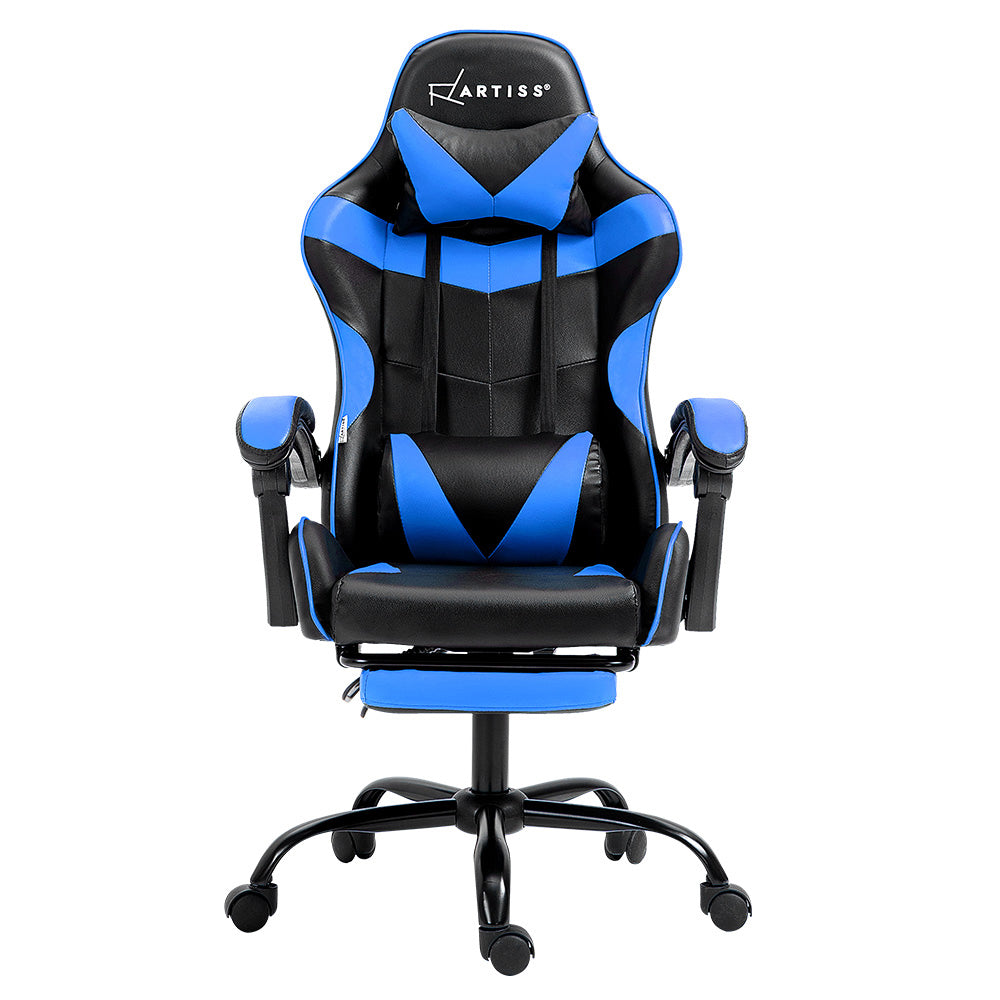 PU Leather Gaming Office Chair with Footrest - Blue