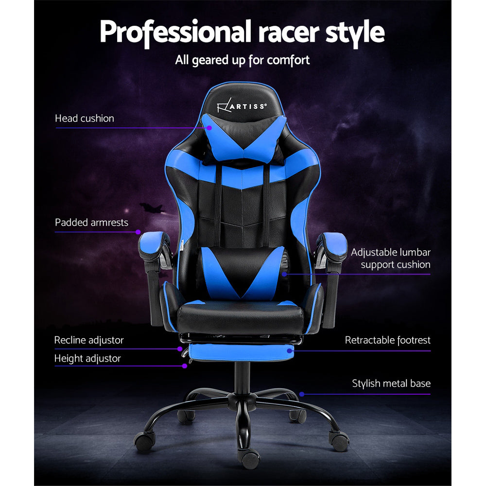 PU Leather Gaming Office Chair with Footrest - Blue - Homecoze