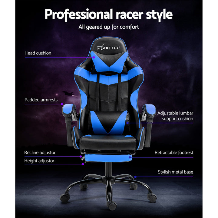 PU Leather Gaming Office Chair with Footrest - Blue