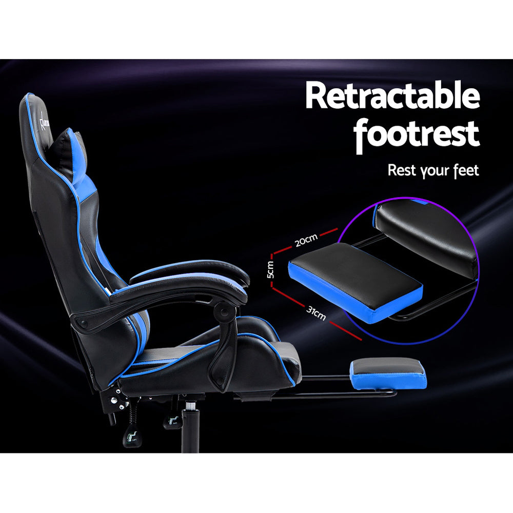 PU Leather Gaming Office Chair with Footrest - Blue - Homecoze