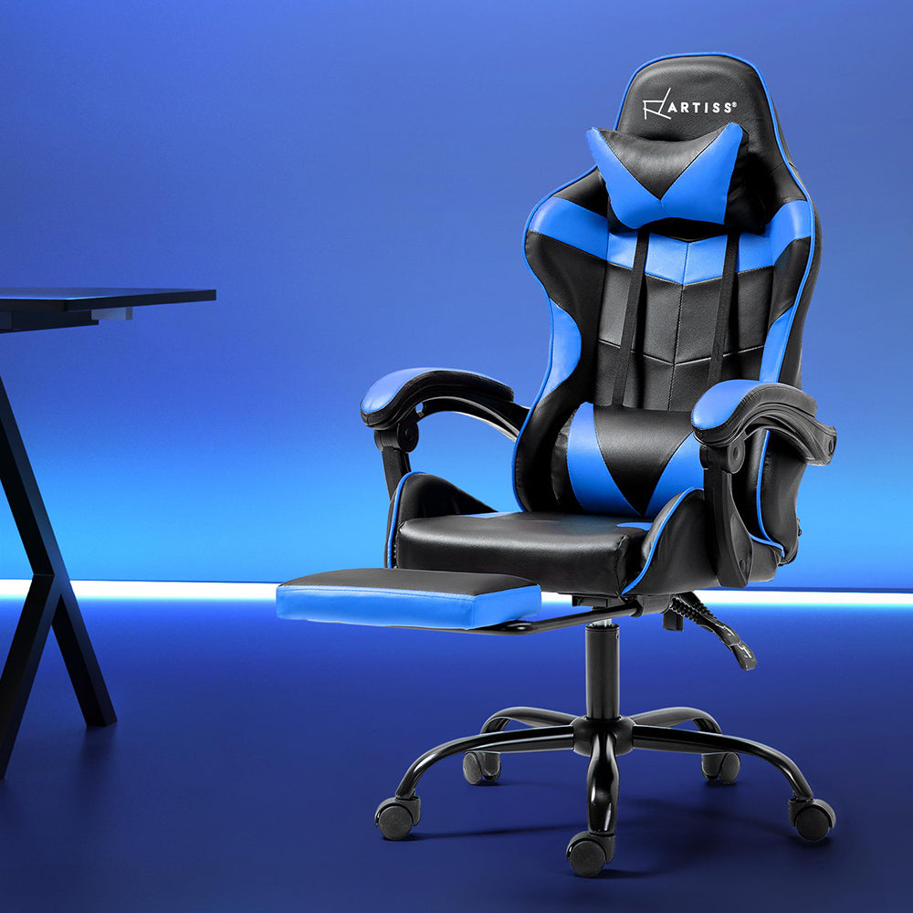 PU Leather Gaming Office Chair with Footrest - Blue - Homecoze