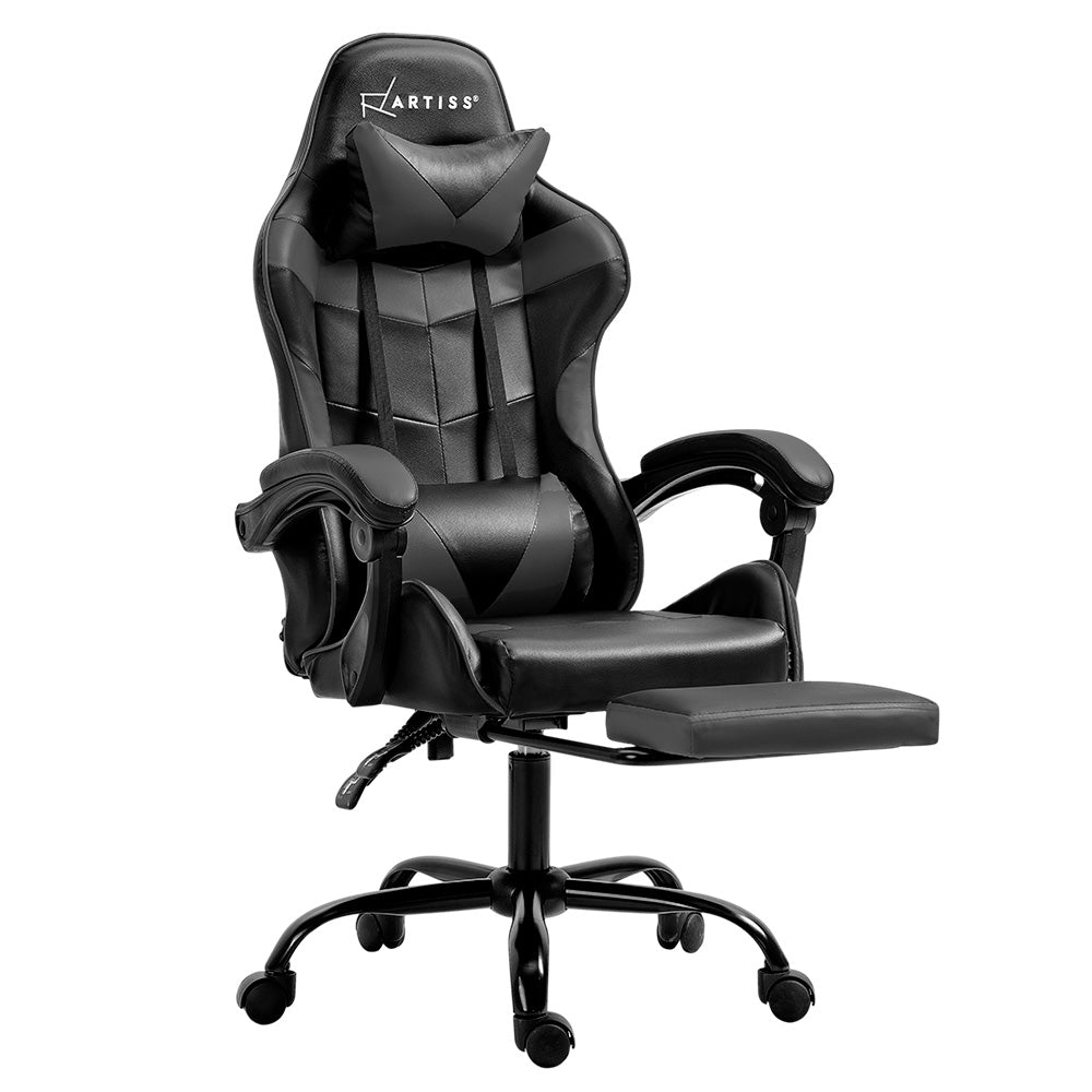 PU Leather Gaming Office Chair with Footrest - Grey - Homecoze