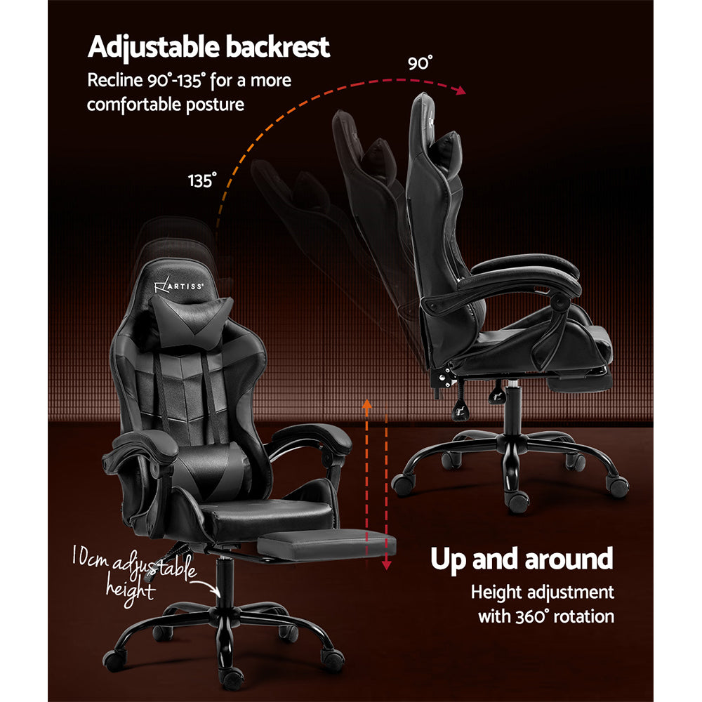 PU Leather Gaming Office Chair with Footrest - Grey - Homecoze