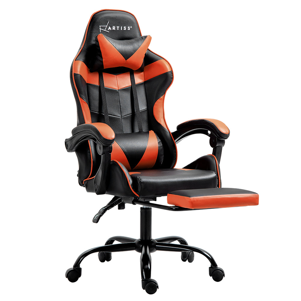 PU Leather Gaming Office Chair with Footrest - Orange - Homecoze