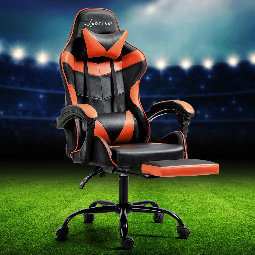 PU Leather Gaming Office Chair with Footrest - Orange - Homecoze