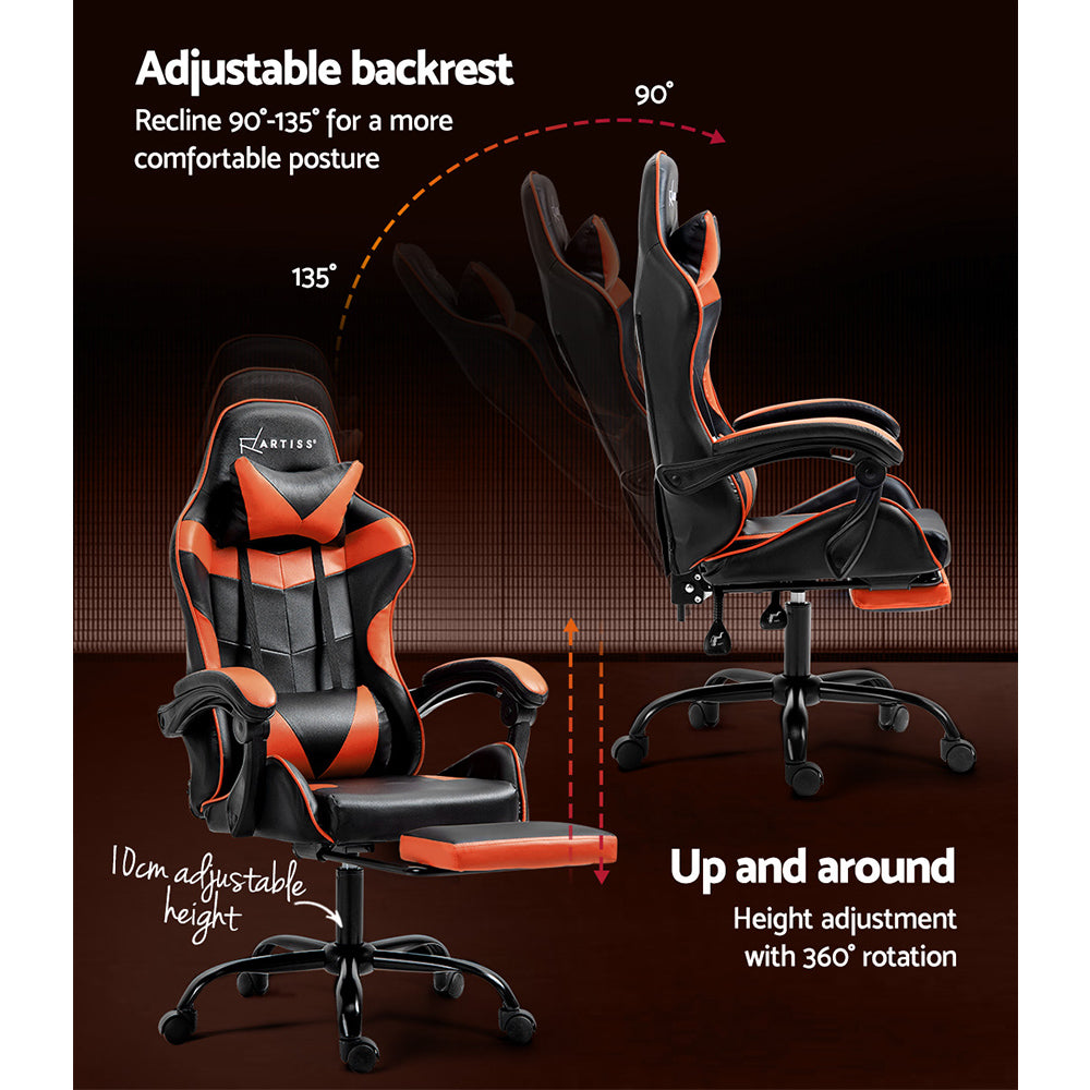 PU Leather Gaming Office Chair with Footrest - Orange - Homecoze
