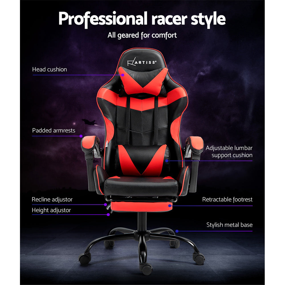 PU Leather Gaming Office Chair with Footrest - Red - Homecoze