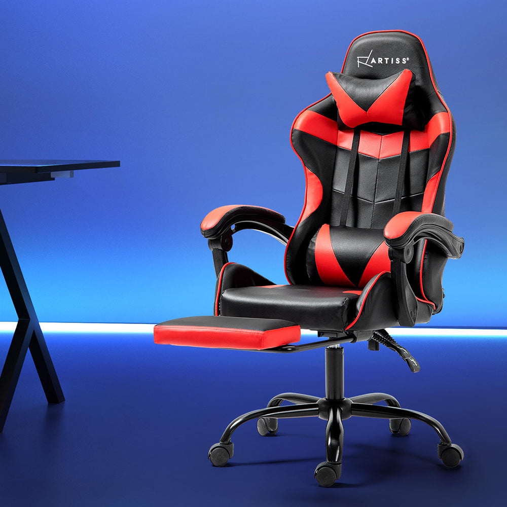 PU Leather Gaming Office Chair with Footrest - Red - Homecoze