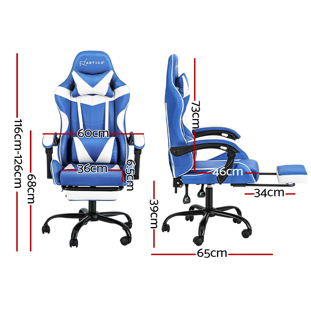PU Leather Gaming Office Chair with Footrest - Blue & White - Homecoze