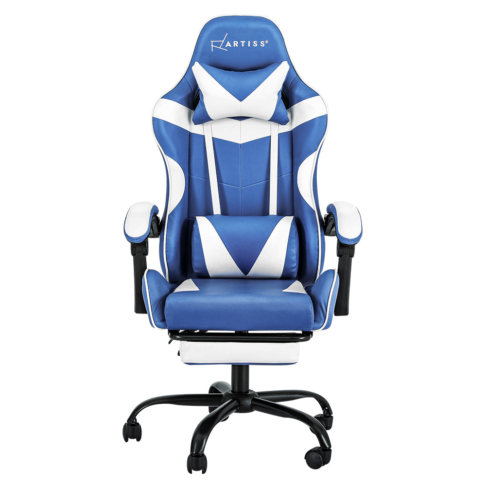 PU Leather Gaming Office Chair with Footrest - Blue & White