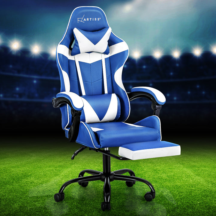 PU Leather Gaming Office Chair with Footrest - Blue & White