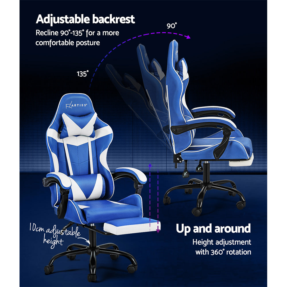 PU Leather Gaming Office Chair with Footrest - Blue & White - Homecoze