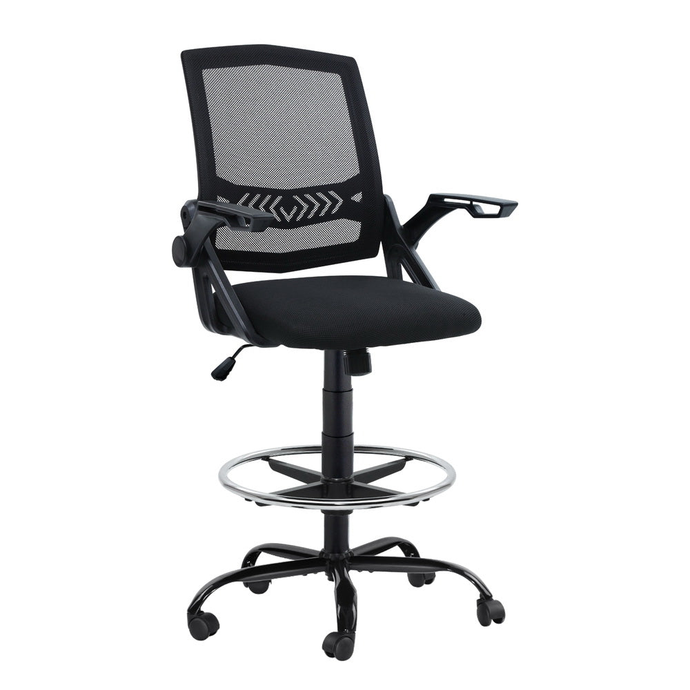 Mesh Drafting Chair Stool with Flip Up Armrests - Black - Homecoze