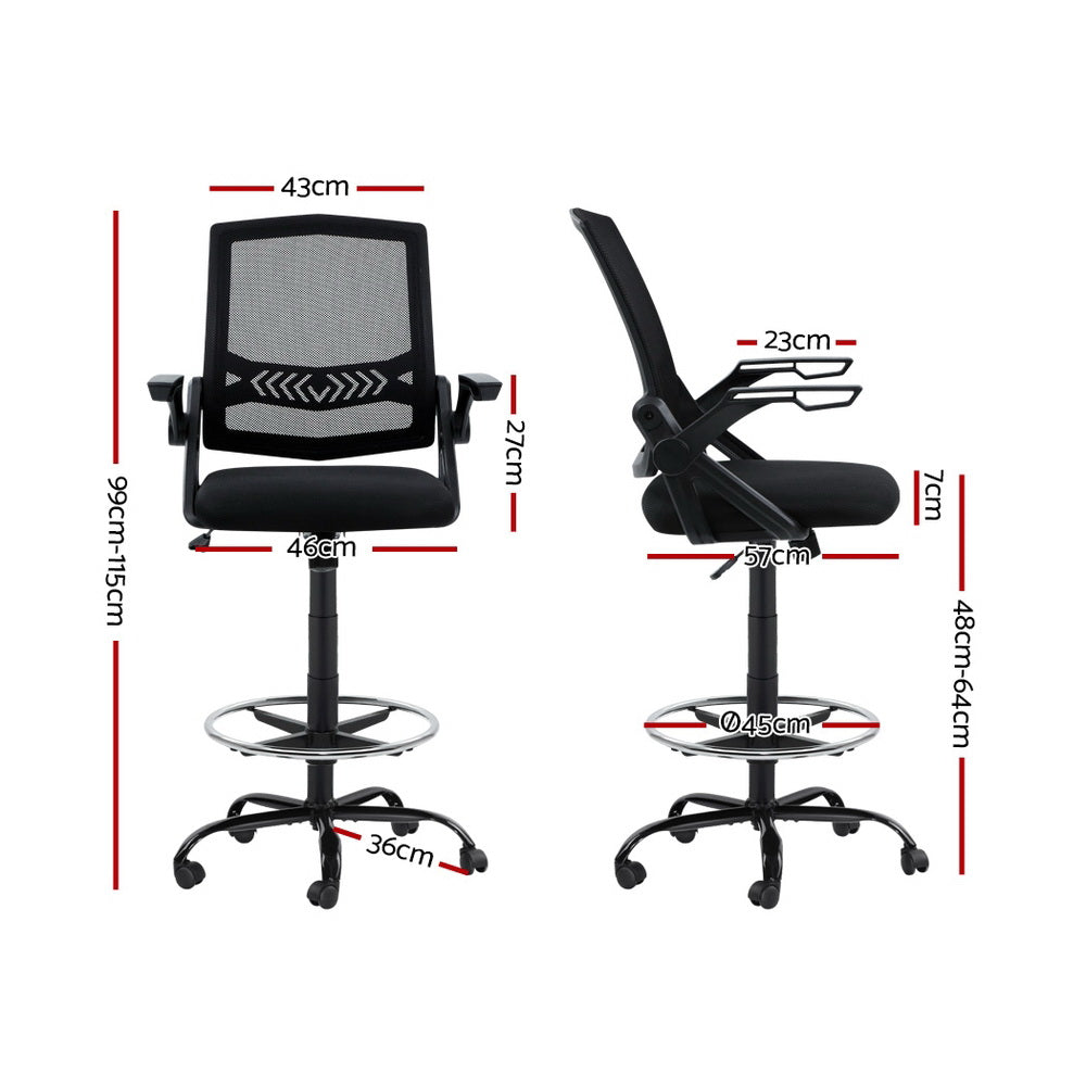 Mesh Drafting Chair Stool with Flip Up Armrests - Black - Homecoze