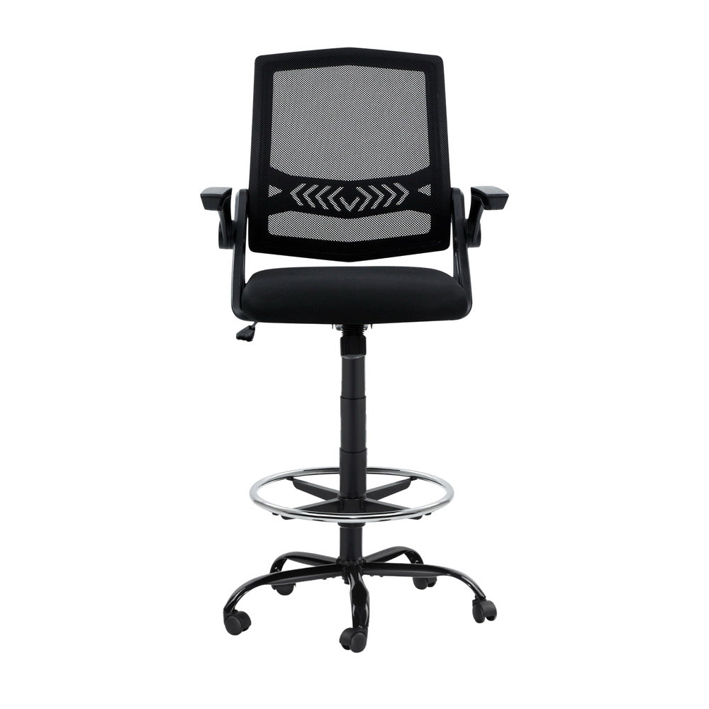 Mesh Drafting Chair Stool with Flip Up Armrests - Black - Homecoze