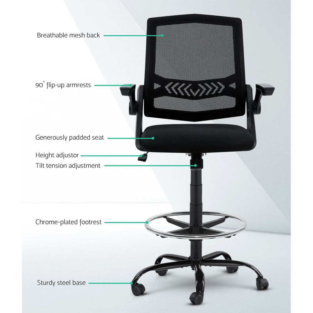 Mesh Drafting Chair Stool with Flip Up Armrests - Black - Homecoze