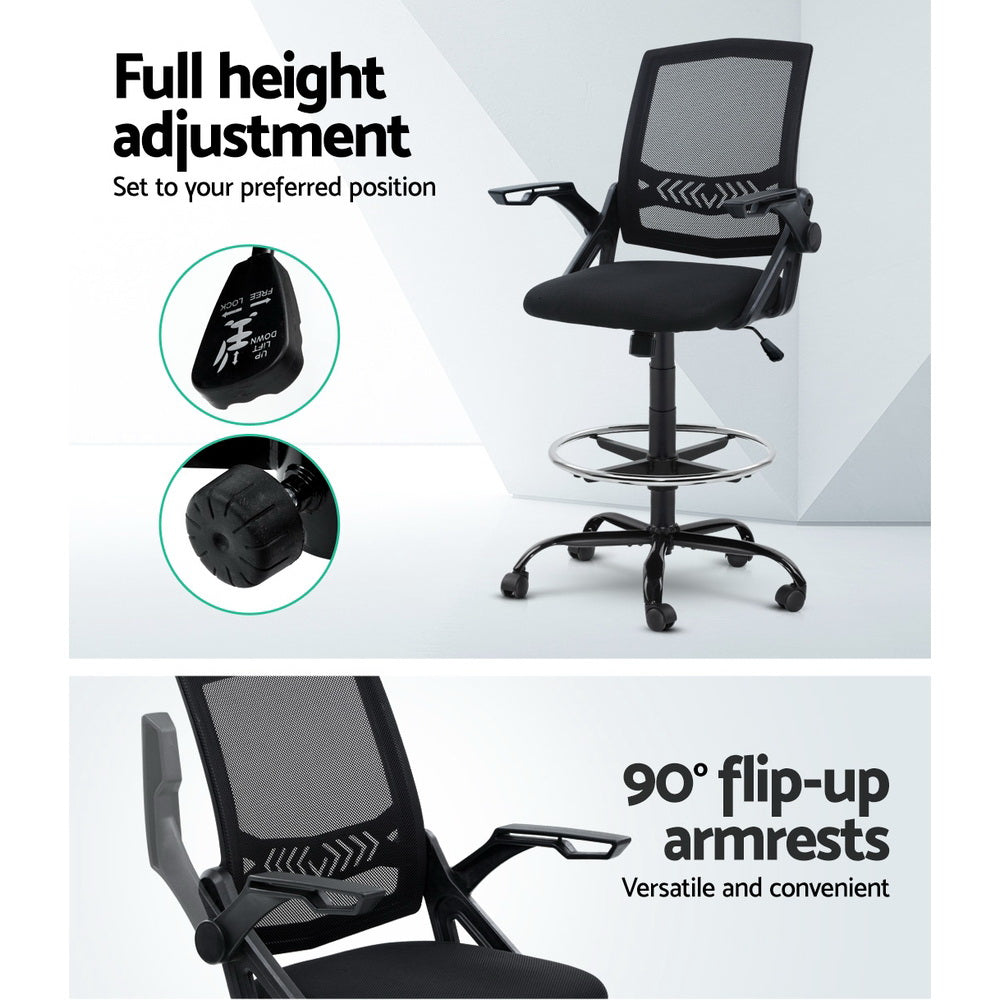 Mesh Drafting Chair Stool with Flip Up Armrests - Black - Homecoze