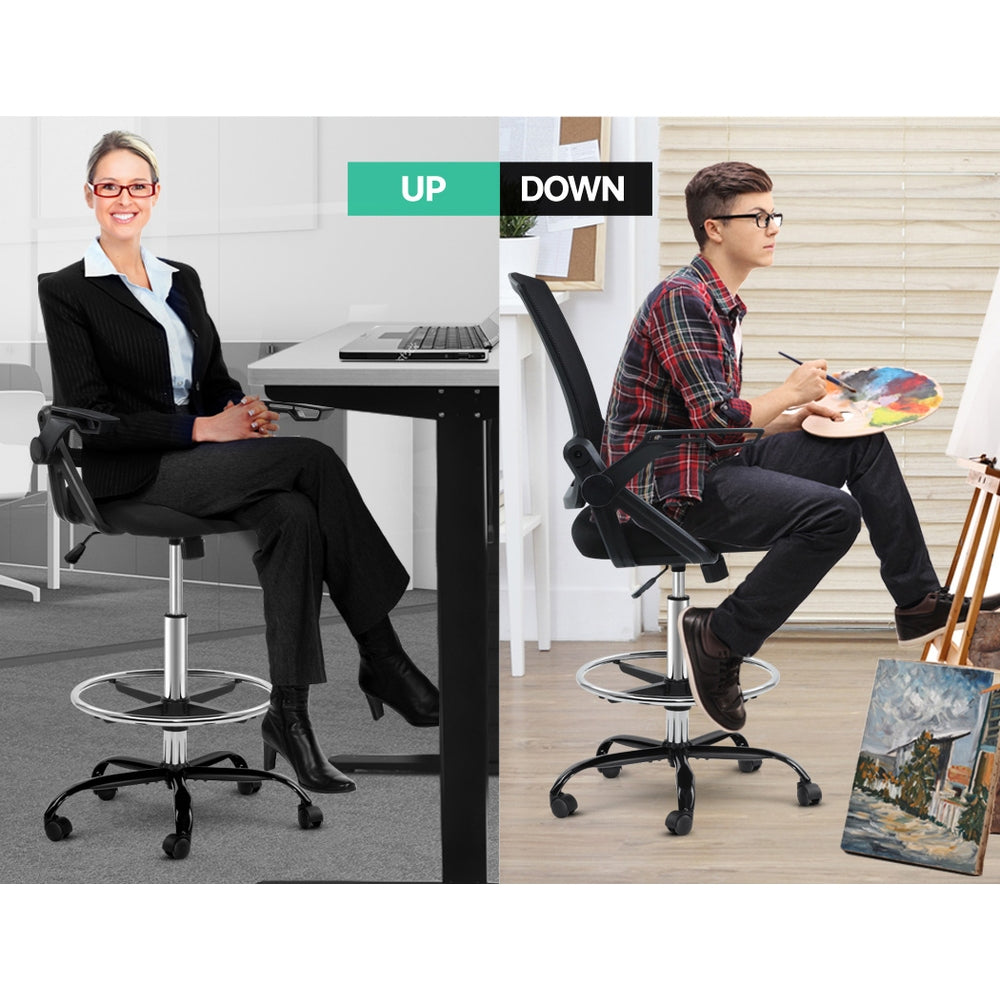Mesh Drafting Chair Stool with Flip Up Armrests - Black - Homecoze