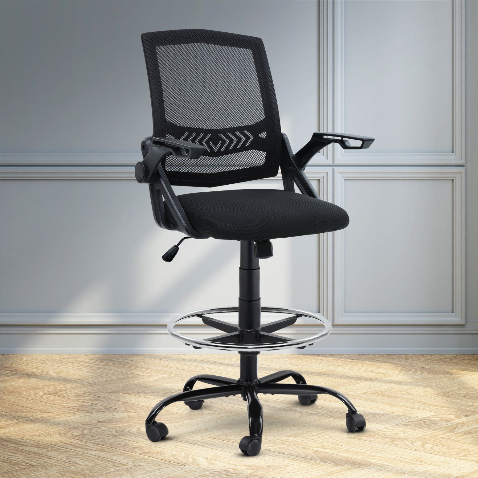 Mesh Drafting Chair Stool with Flip Up Armrests - Black - Homecoze